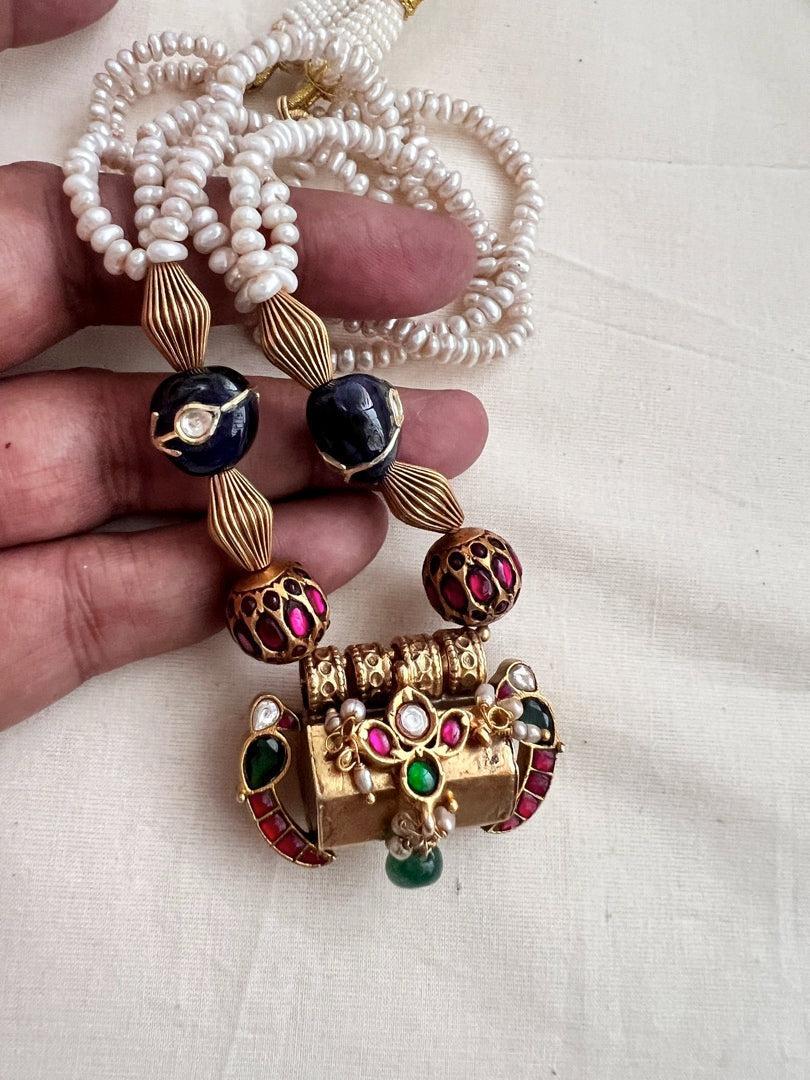 Kundan, ruby & emerald pendant with pearls and kundan inlay beads chain-Silver Neckpiece-CI-House of Taamara