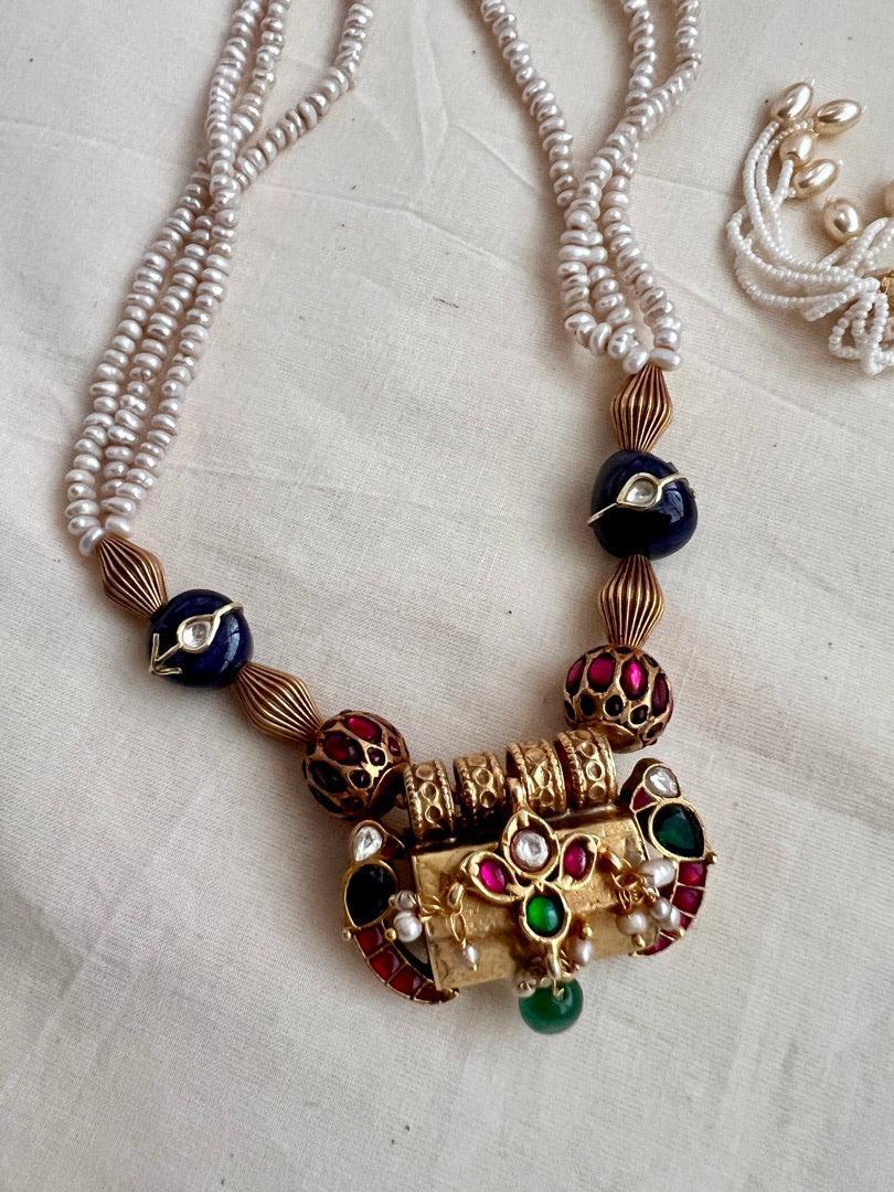 Kundan, ruby & emerald pendant with pearls and kundan inlay beads chain-Silver Neckpiece-CI-House of Taamara