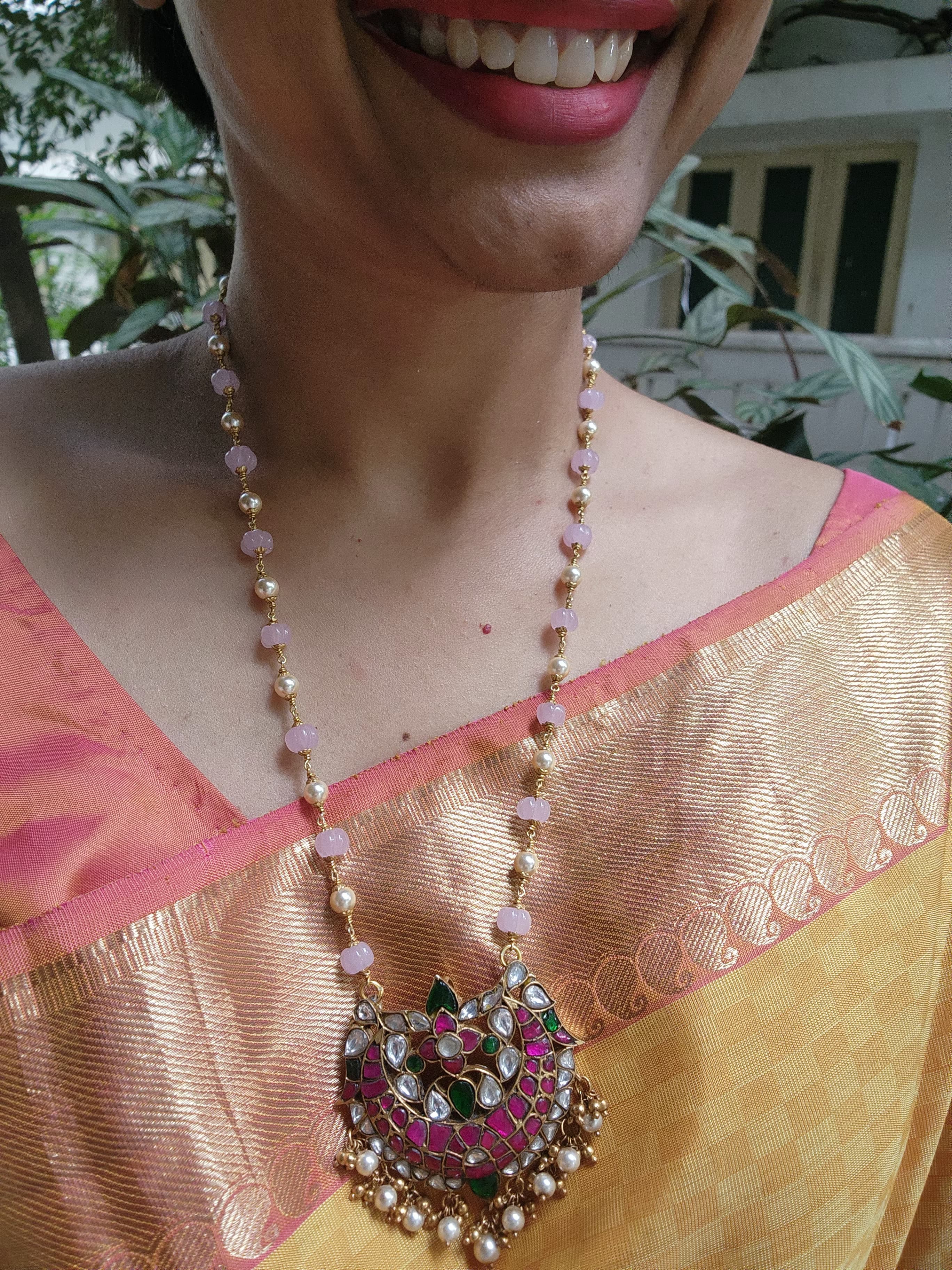 Kundan, ruby & emerald pendant with pearls and rose quartz beads chain-Silver Neckpiece-CI-House of Taamara
