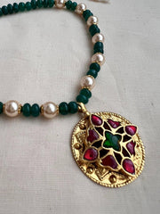 Kundan, ruby & emerald stringed necklace with pearls & green onyx beads-Silver Neckpiece-CI-House of Taamara