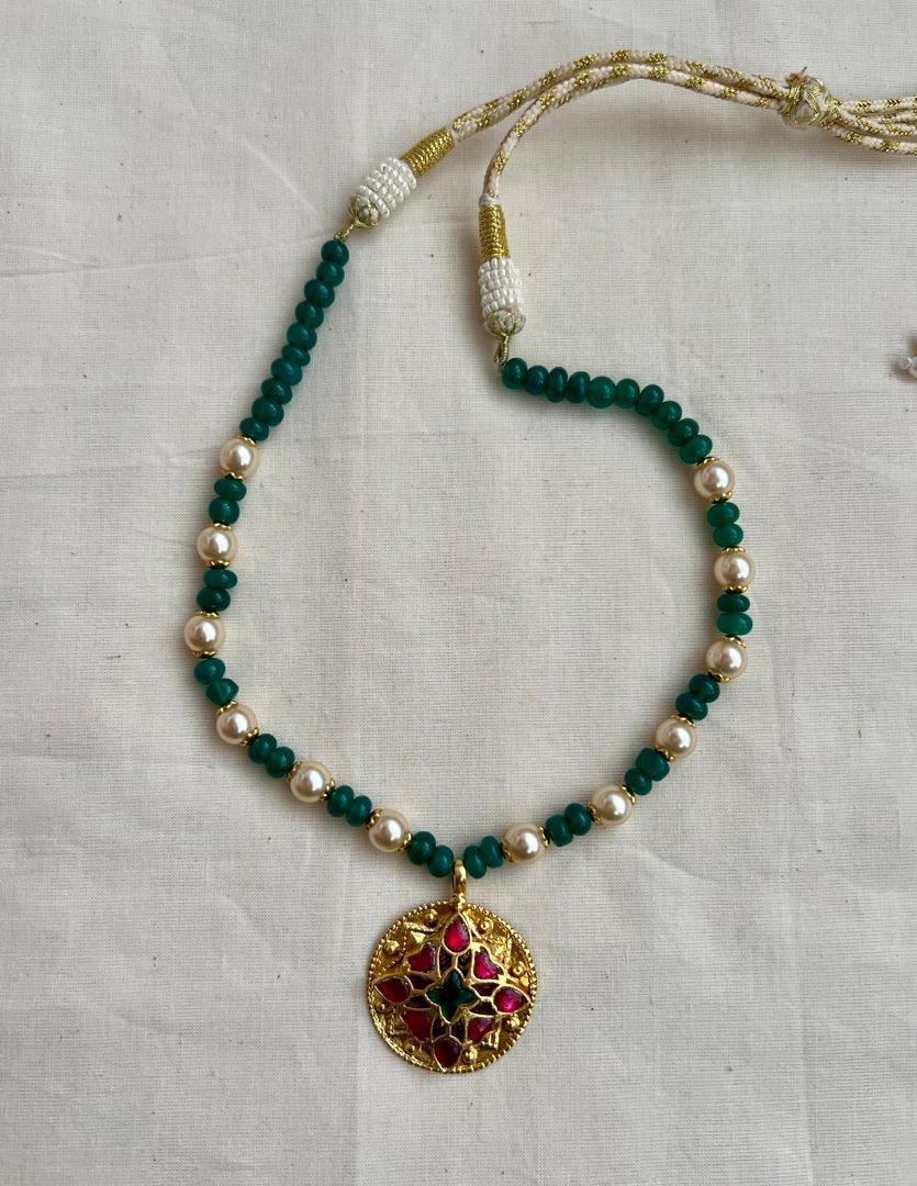 Kundan, ruby & emerald stringed necklace with pearls & green onyx beads-Silver Neckpiece-CI-House of Taamara