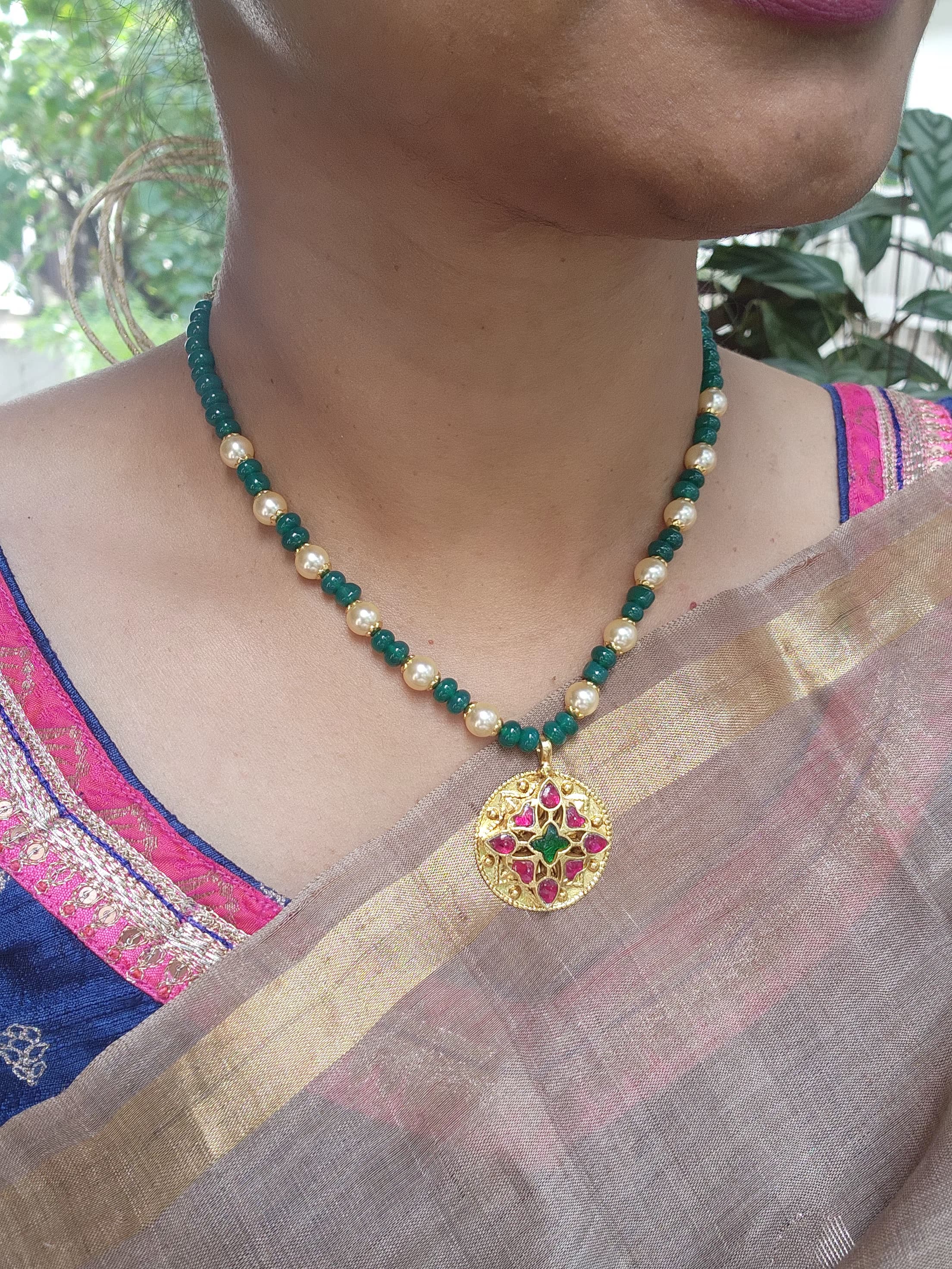 Kundan, ruby & emerald stringed necklace with pearls & green onyx beads-Silver Neckpiece-CI-House of Taamara