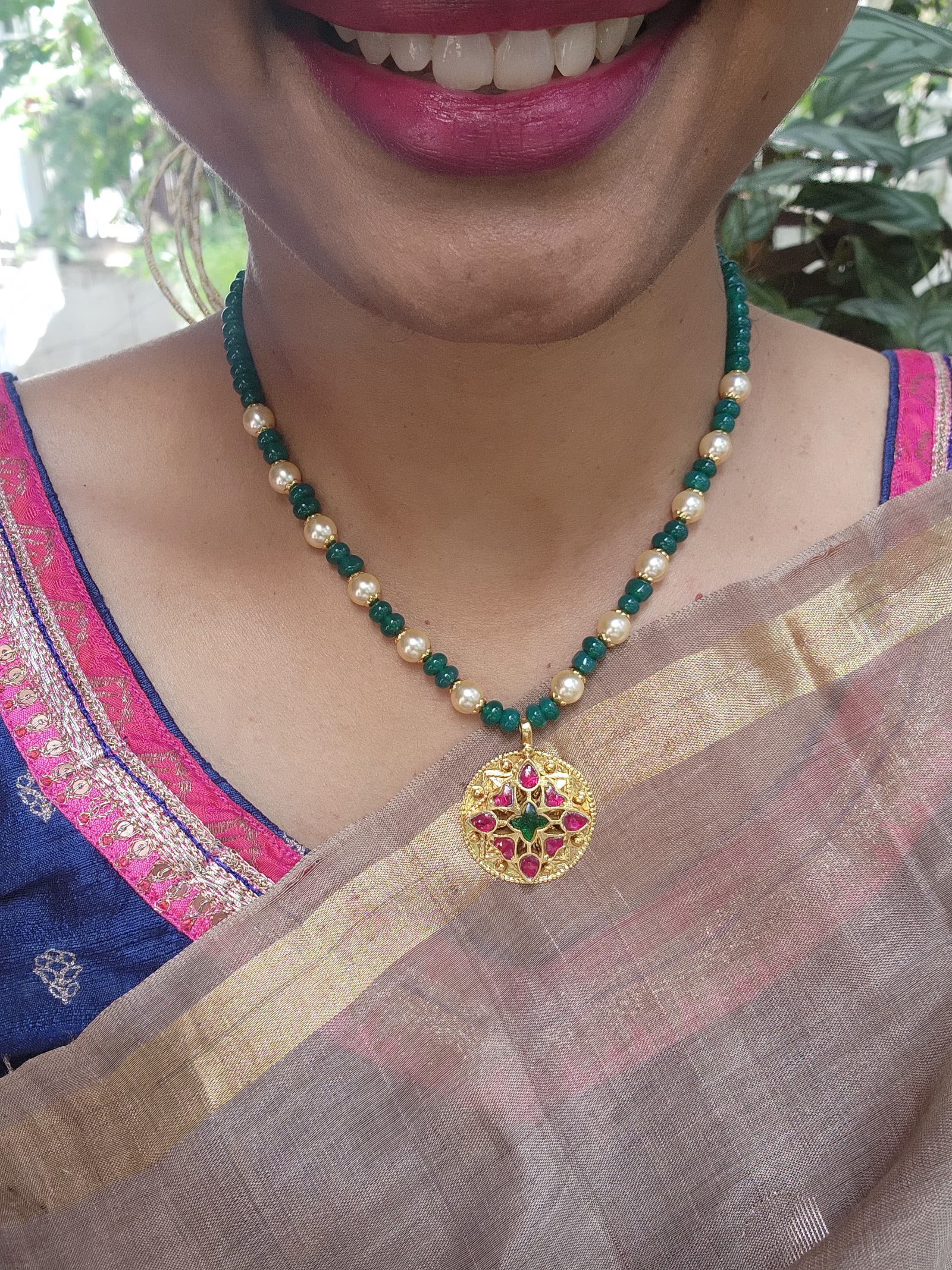 Kundan, ruby & emerald stringed necklace with pearls & green onyx beads-Silver Neckpiece-CI-House of Taamara