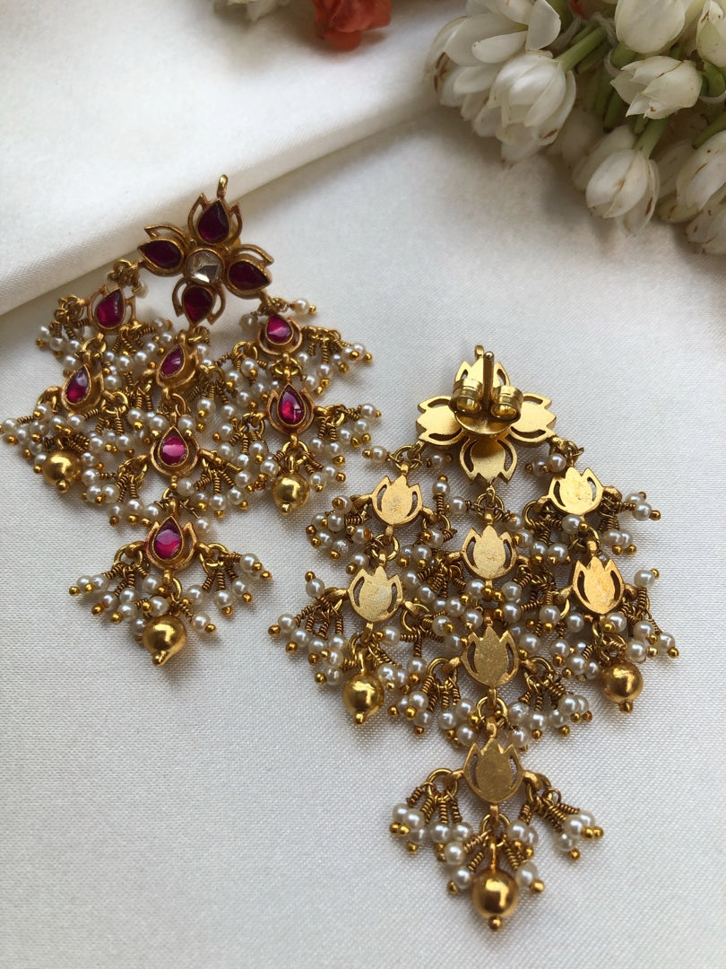 Kundan & ruby flower earrings-Earrings-PL-House of Taamara