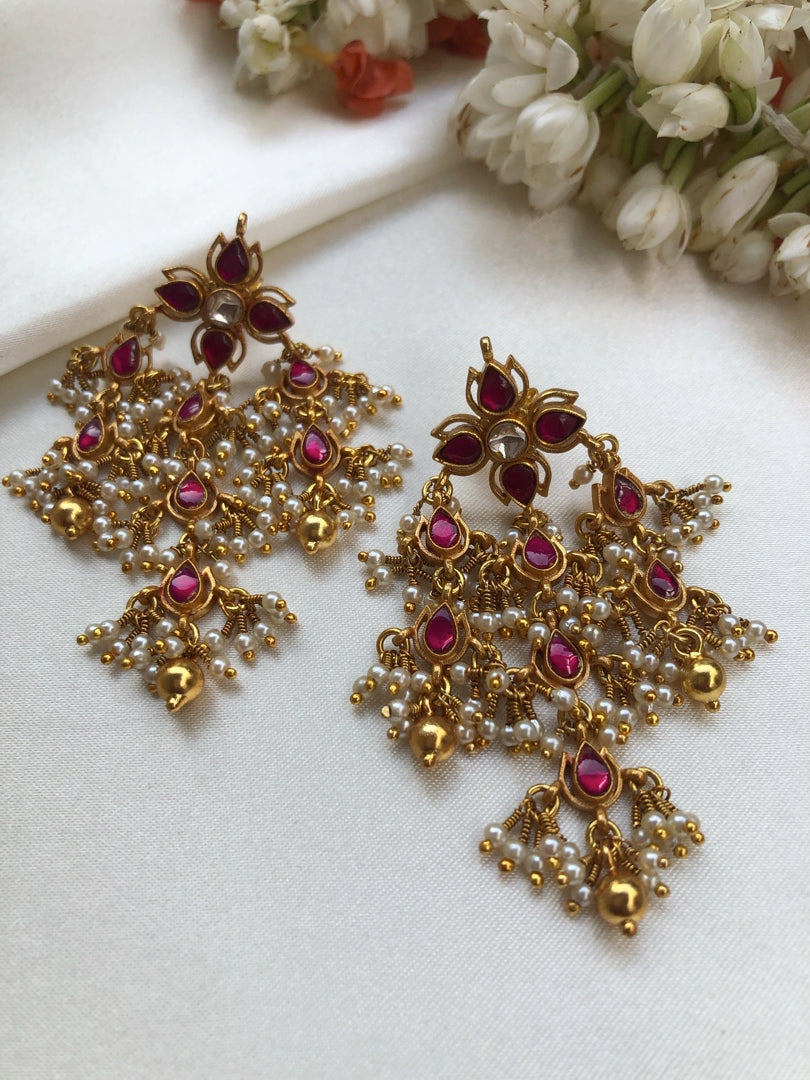 Kundan & ruby flower earrings-Earrings-PL-House of Taamara