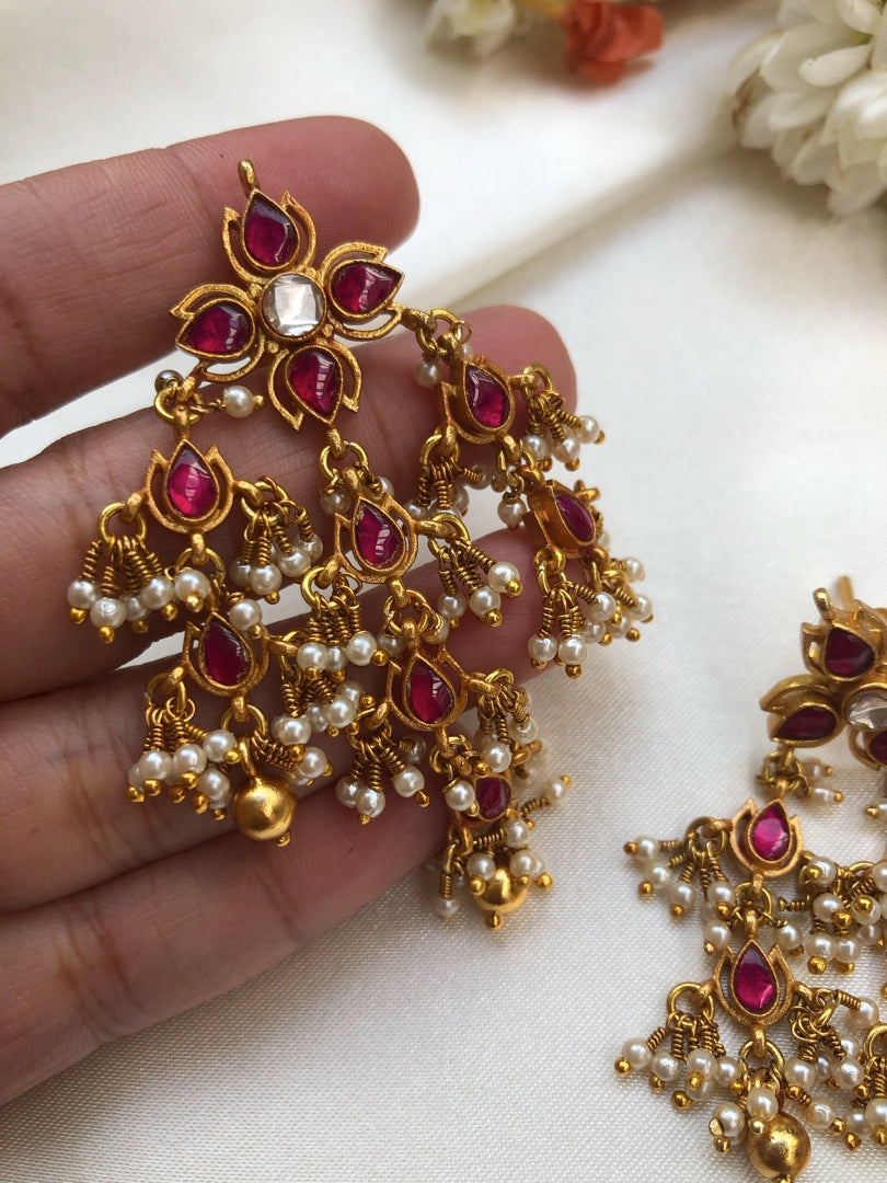 Kundan & ruby flower earrings-Earrings-PL-House of Taamara