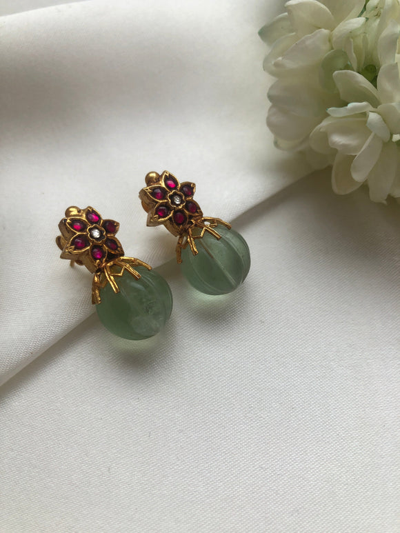 Kundan ruby flower earrings with green pumkin bead-Earrings-PL-House of Taamara