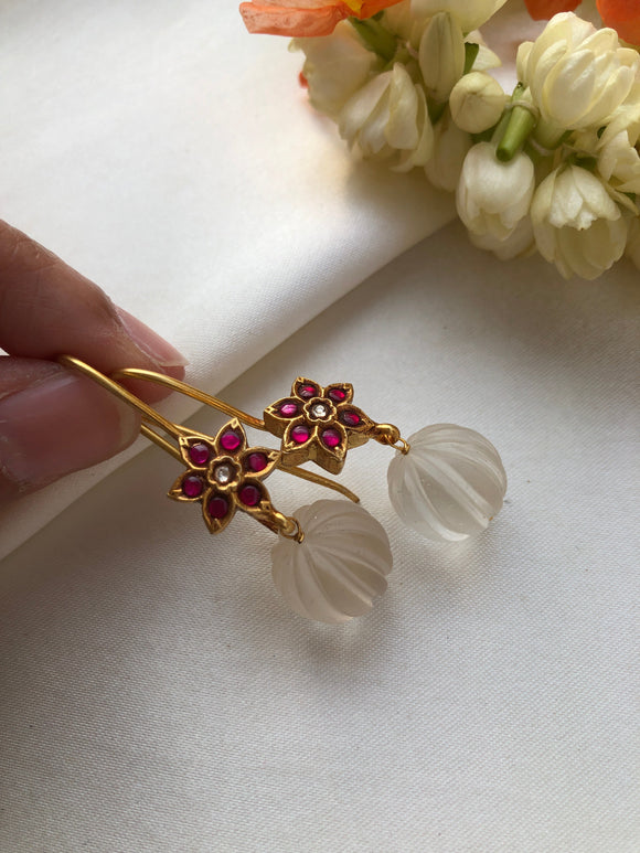 Kundan ruby flower hook earrings with pumpkin fluoride bead-Earrings-PL-House of Taamara