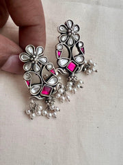 Kundan & ruby flower, peacock earrings with pearls-Earrings-CI-House of Taamara