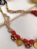 Kundan ruby flower with kasu coins and antique pearls with corals-Silver Neckpiece-PL-House of Taamara