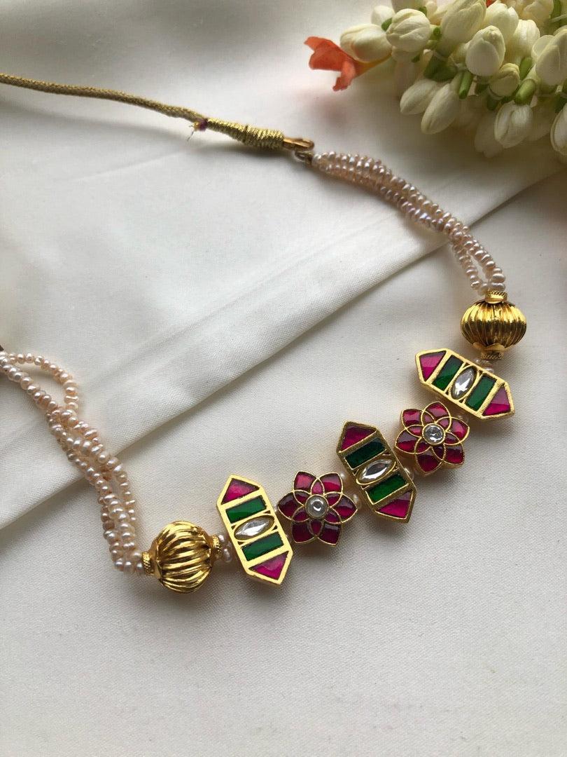 Kundan & ruby flower with pearls necklace-Silver Neckpiece-PL-House of Taamara