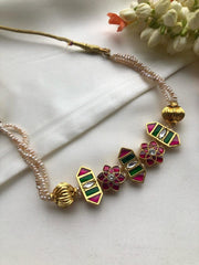 Kundan & ruby flower with pearls necklace-Silver Neckpiece-PL-House of Taamara