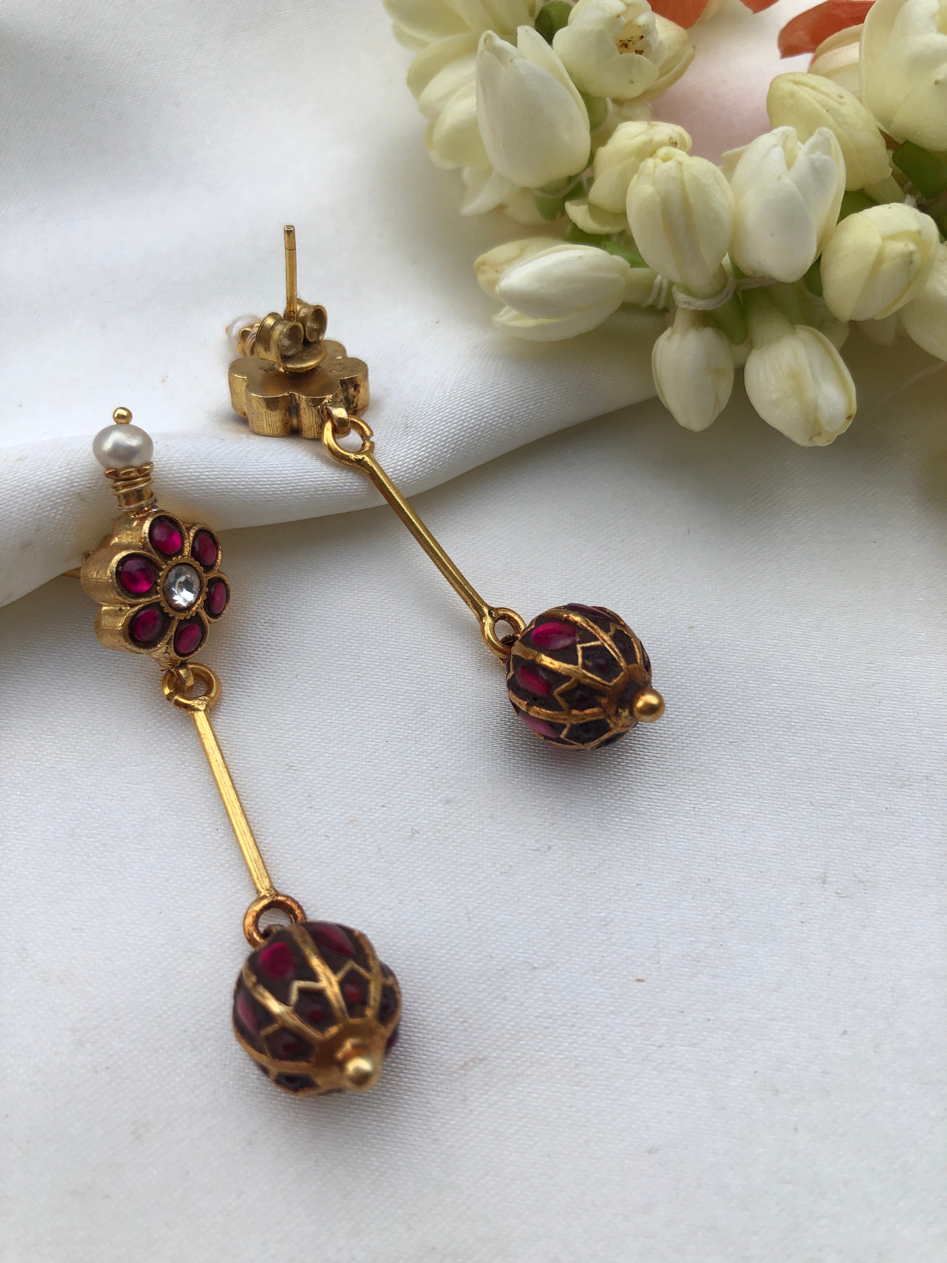 Kundan ruby flower with ruby bead hangings-Earrings-PL-House of Taamara