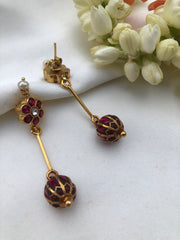 Kundan ruby flower with ruby bead hangings-Earrings-PL-House of Taamara