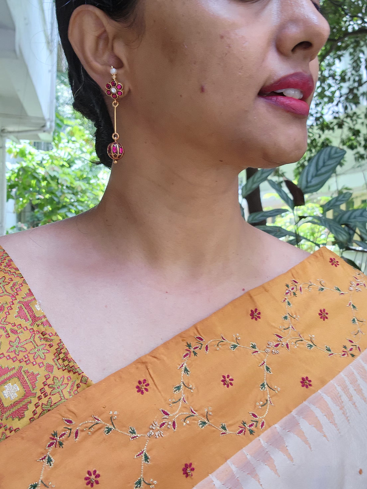 Kundan ruby flower with ruby bead hangings-Earrings-PL-House of Taamara