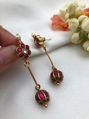 Kundan ruby flower with ruby bead hangings-Earrings-PL-House of Taamara