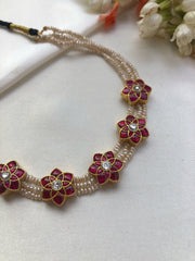 Kundan ruby flowers with antique pearls style choker-Silver Neckpiece-PL-House of Taamara