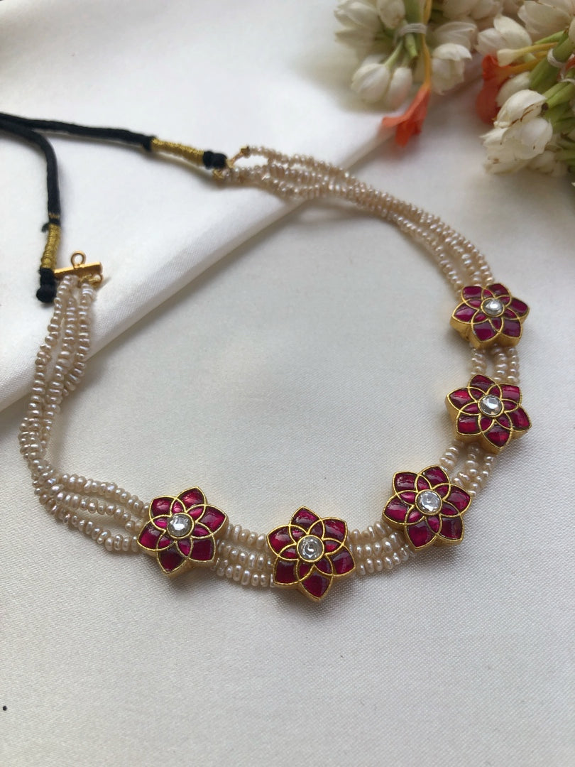 Kundan ruby flowers with antique pearls style choker-Silver Neckpiece-PL-House of Taamara