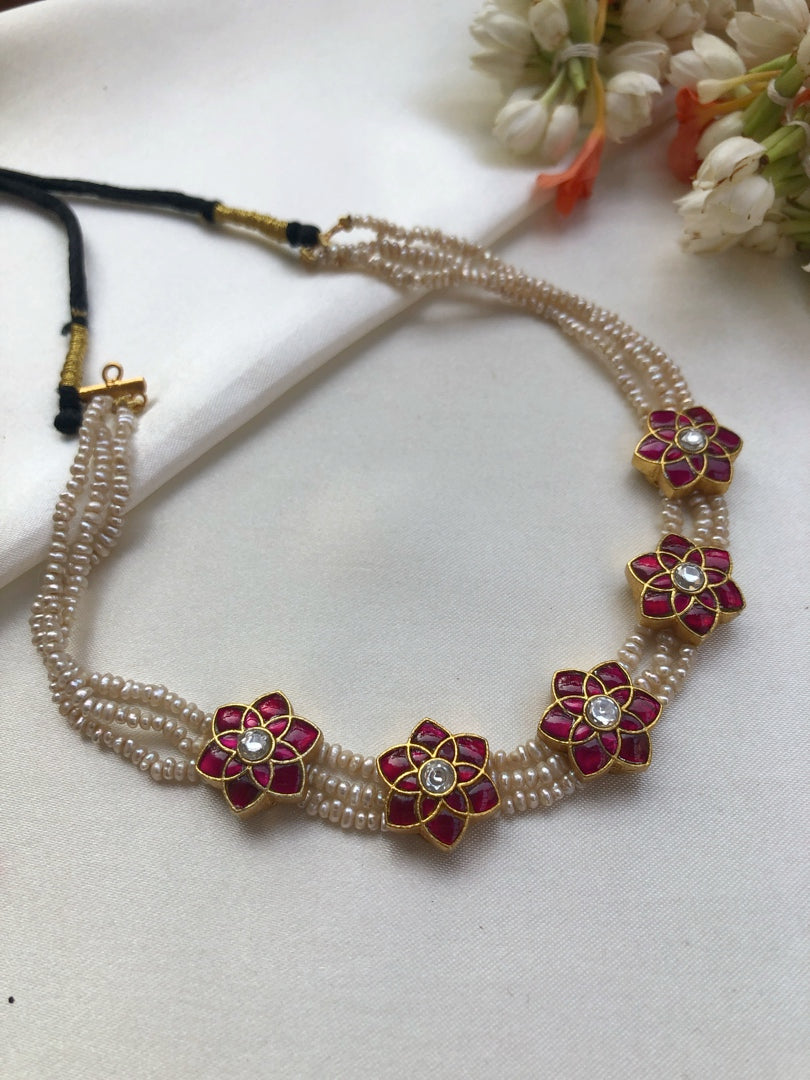 Kundan ruby flowers with antique pearls style choker-Silver Neckpiece-PL-House of Taamara