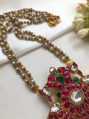 Kundan ruby gandeberunda pendant with pearls chain-Silver Neckpiece-PL-House of Taamara