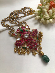 Kundan ruby gandeberunda pendant with pearls chain-Silver Neckpiece-PL-House of Taamara