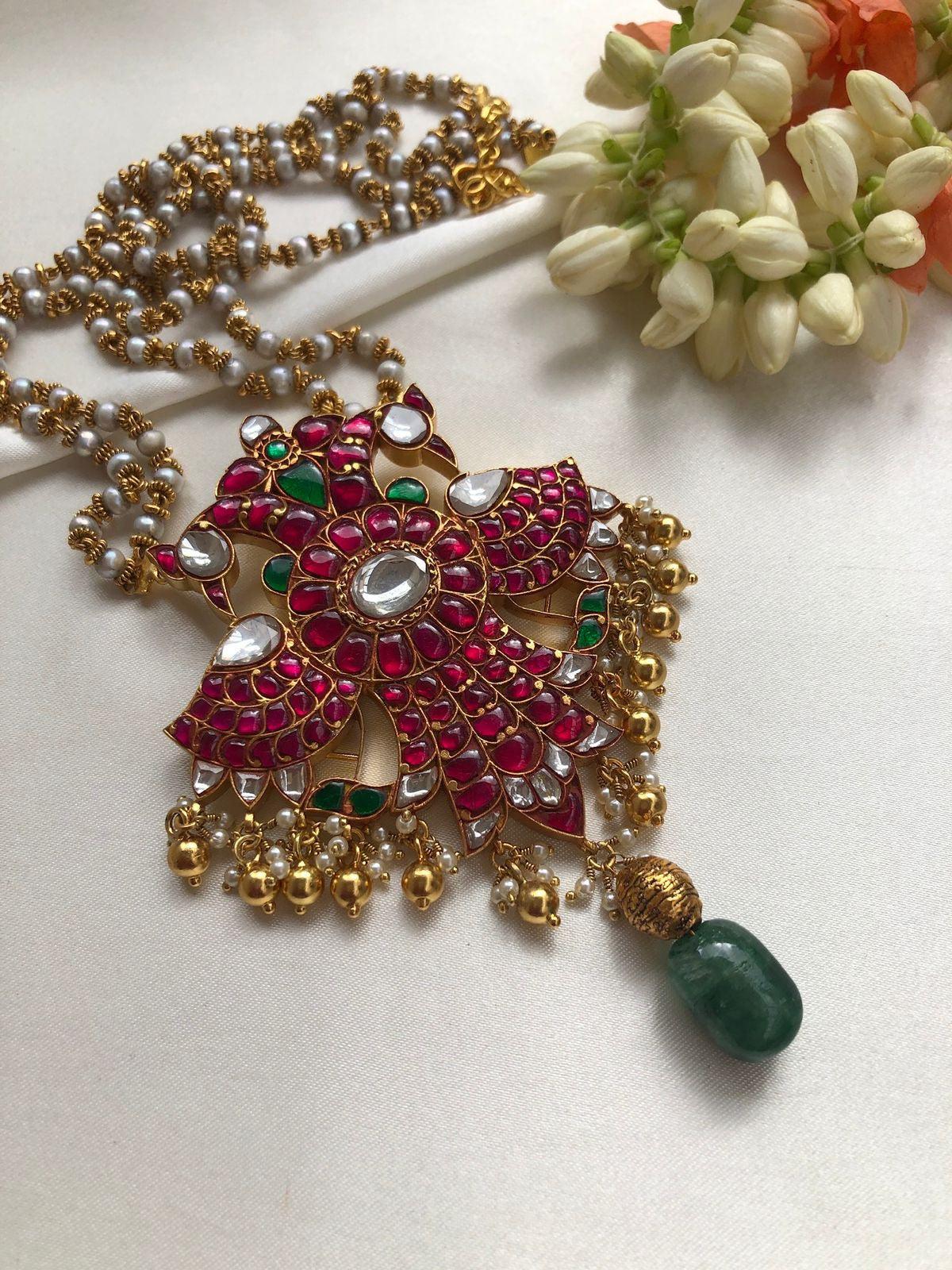 Kundan ruby gandeberunda pendant with pearls chain-Silver Neckpiece-PL-House of Taamara