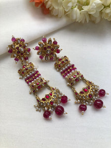 Kundan ruby gold polished long earrings-Earrings-PL-House of Taamara