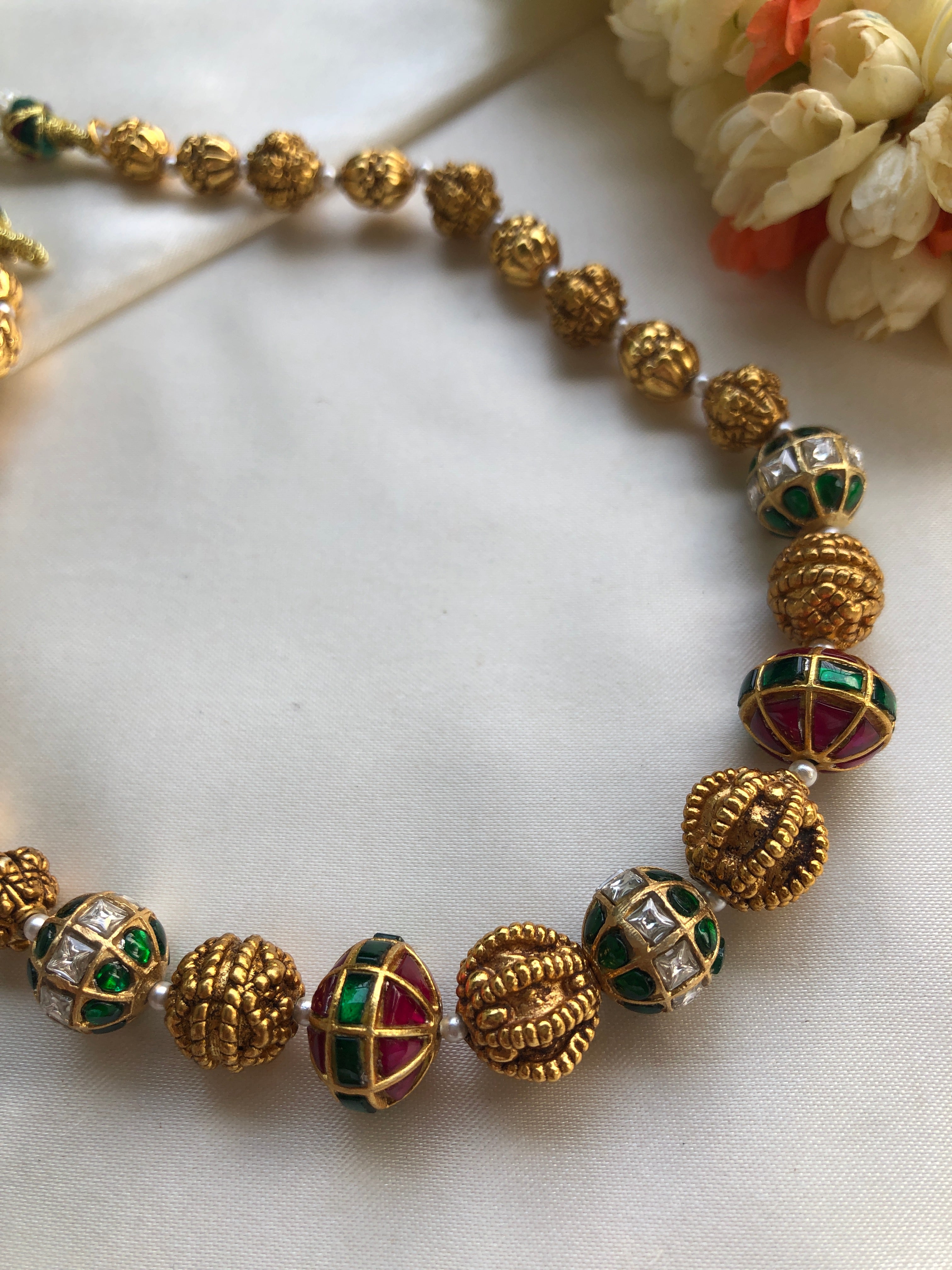 Kundan ruby & green beads antique style mala-Silver Neckpiece-PL-House of Taamara