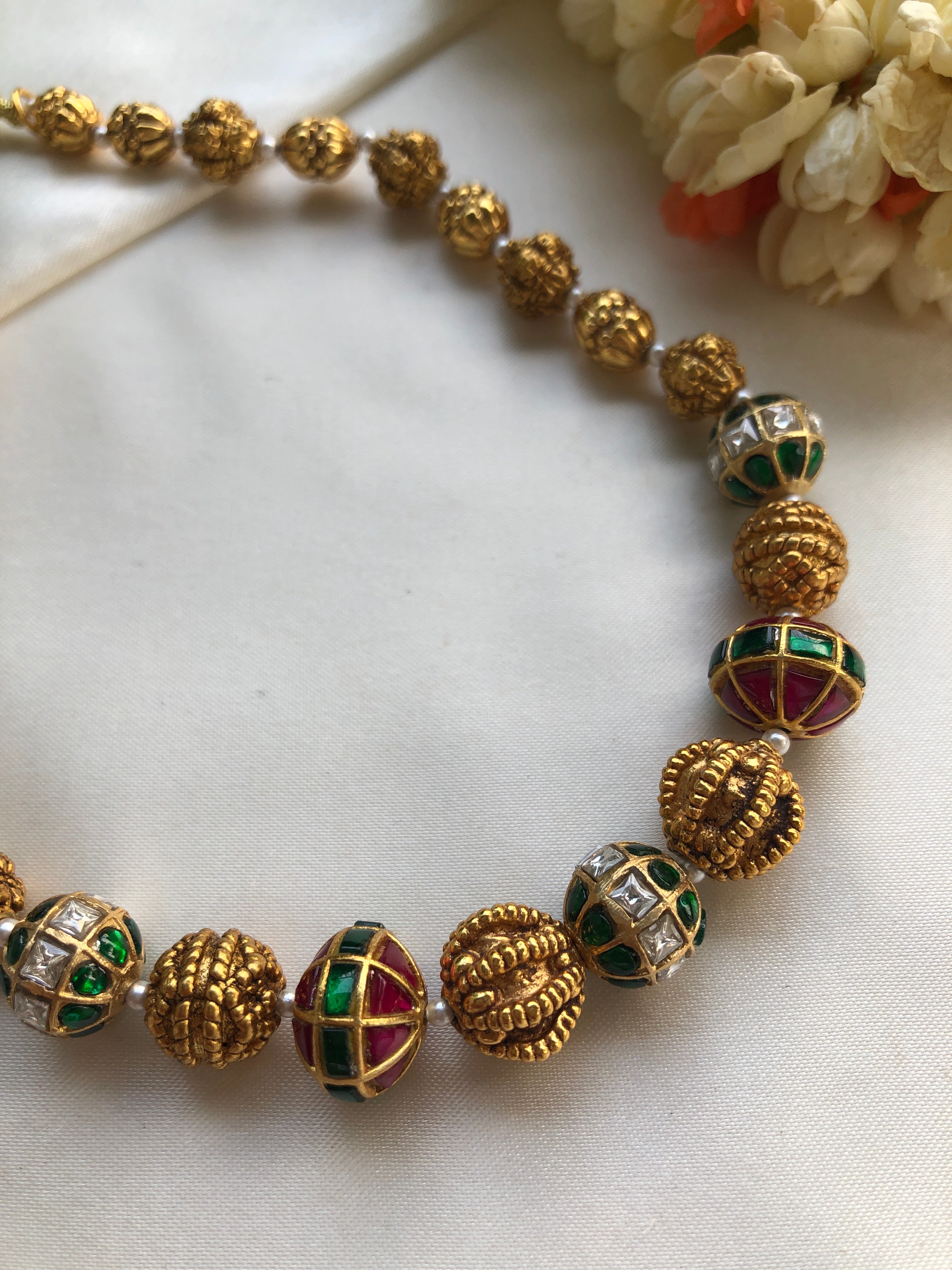 Kundan ruby & green beads antique style mala-Silver Neckpiece-PL-House of Taamara
