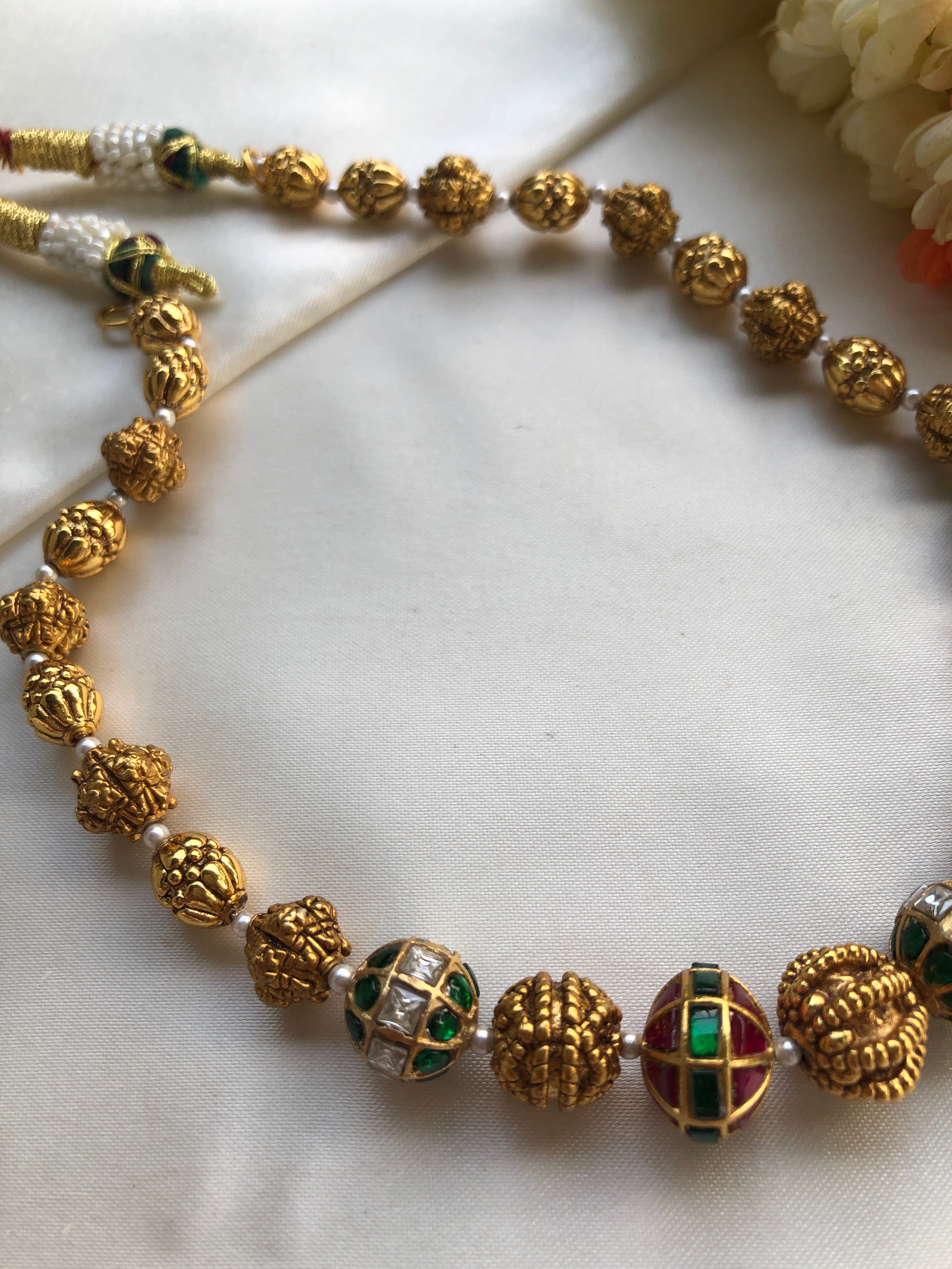 Kundan ruby & green beads antique style mala-Silver Neckpiece-PL-House of Taamara