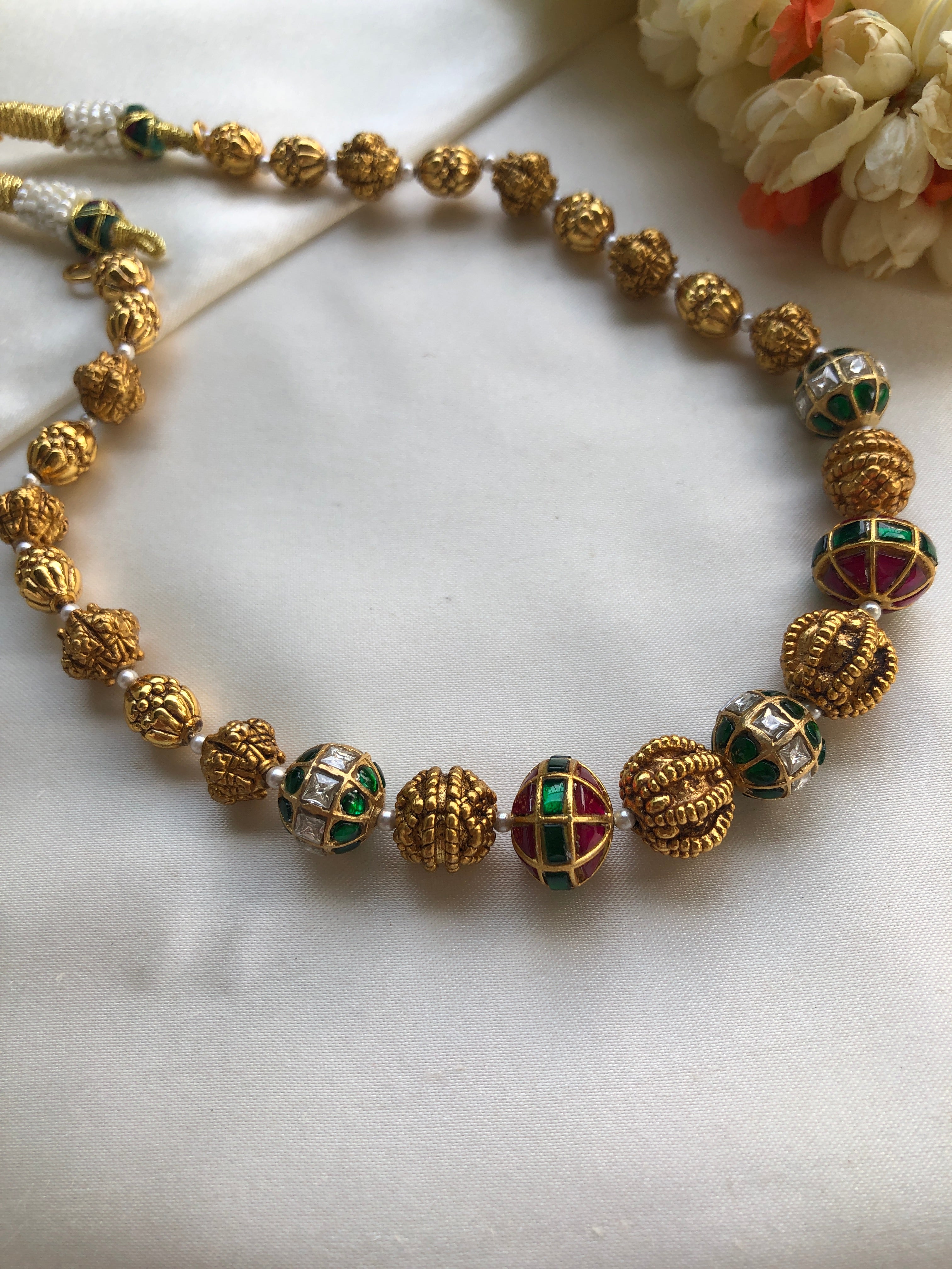 Kundan ruby & green beads antique style mala-Silver Neckpiece-PL-House of Taamara