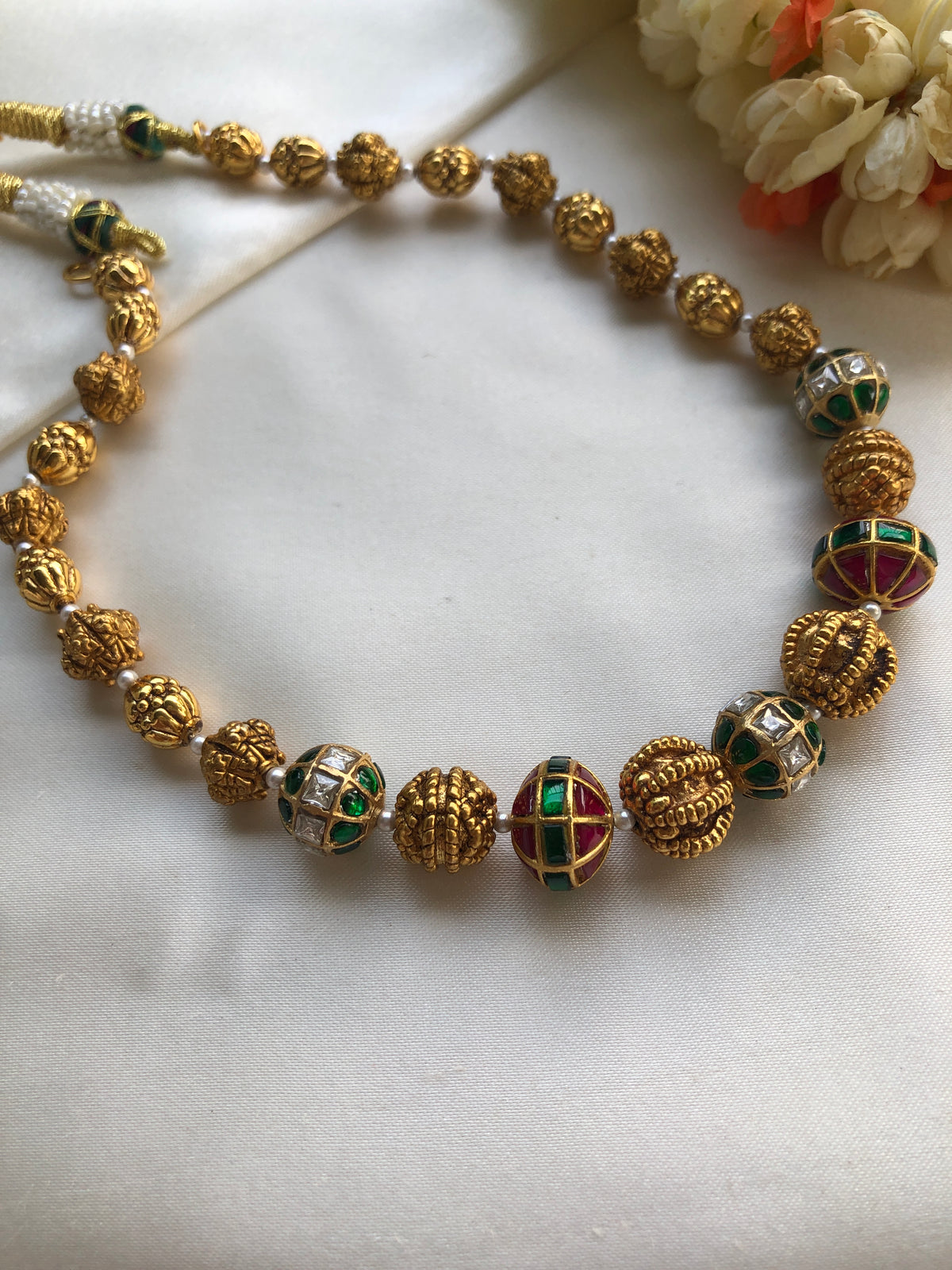 Kundan ruby & green beads antique style mala-Silver Neckpiece-PL-House of Taamara