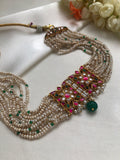 Kundan ruby & green centre pendant with antique style pearls necklace/choker-Silver Neckpiece-PL-House of Taamara