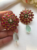 Kundan ruby & green flower studs with pear bead drops-Earrings-PL-House of Taamara