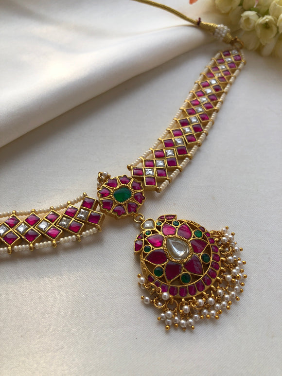 Kundan ruby & green gold polish necklace with pearls bunch-Silver Neckpiece-PL-House of Taamara