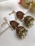 Kundan ruby & green jhumkas with detachable pearl maati (MADE TO ORDER)-Earrings-PL-House of Taamara