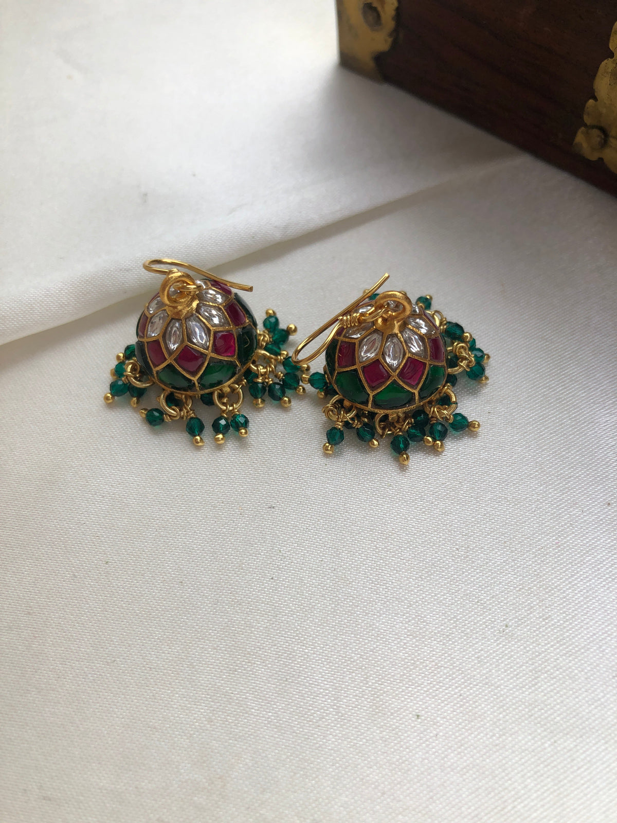 Kundan ruby & green jhumkas with green beads-Earrings-PL-House of Taamara