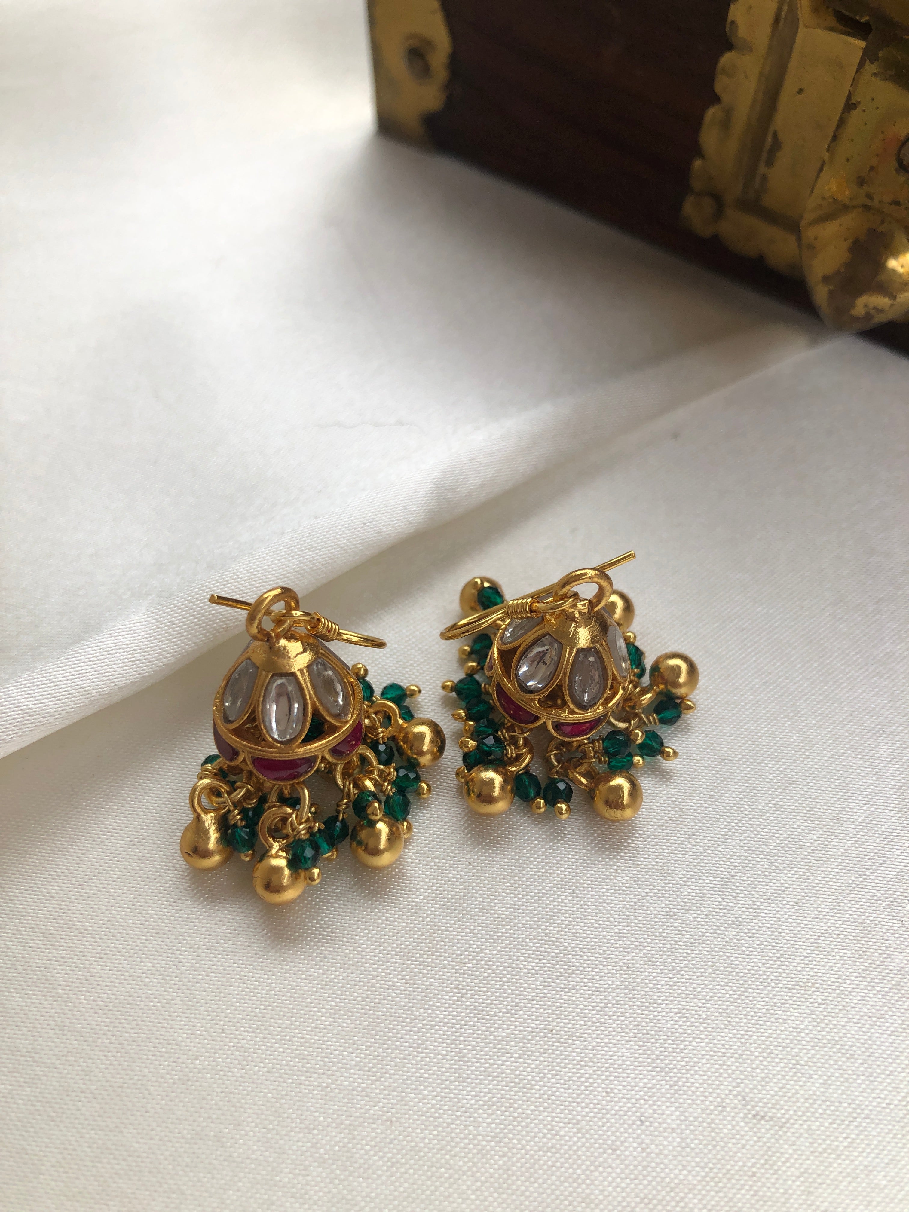 Kundan ruby & green jhumkas with green & gold gundu beads-Earrings-PL-House of Taamara