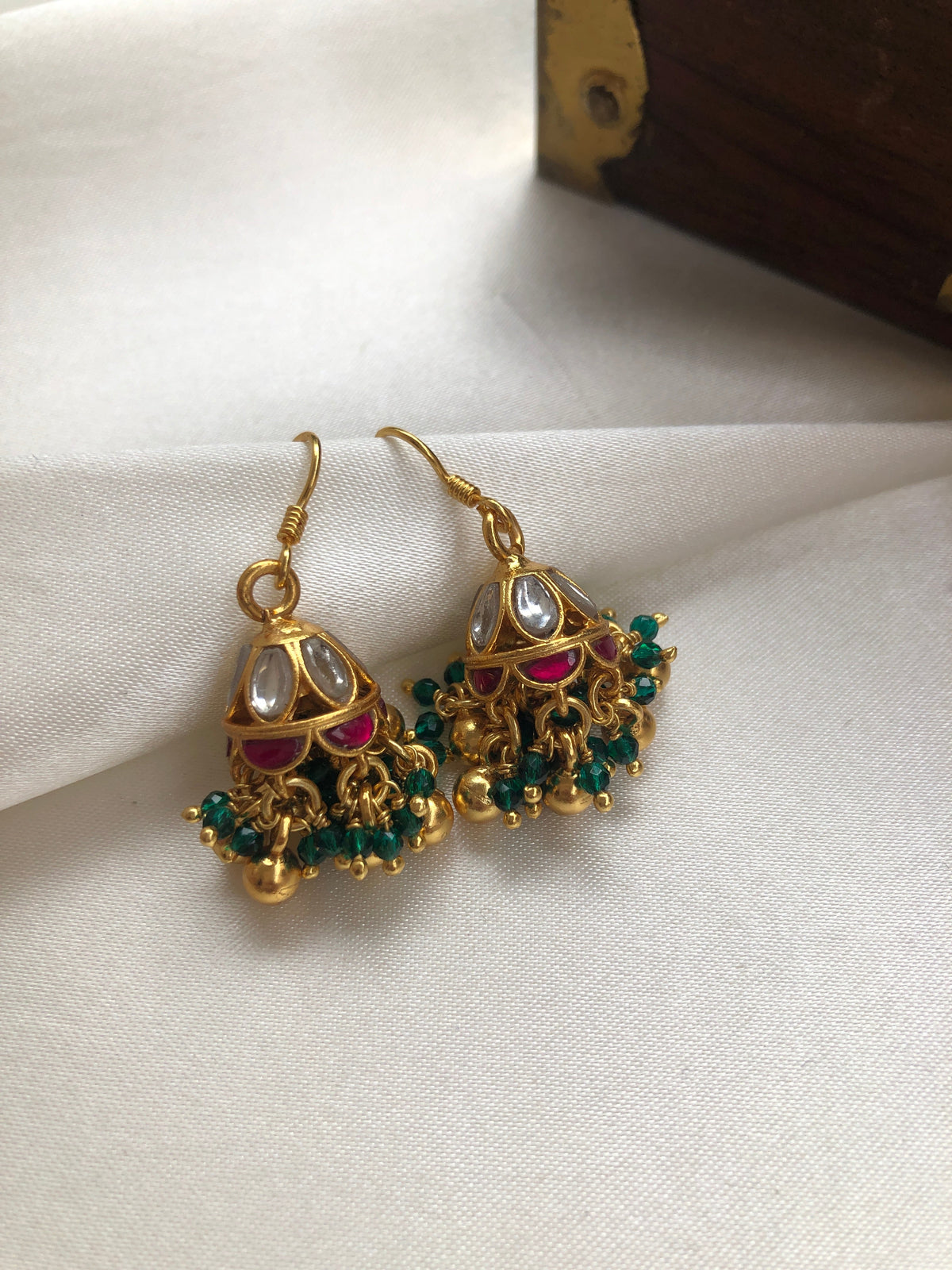 Kundan ruby & green jhumkas with green & gold gundu beads-Earrings-PL-House of Taamara