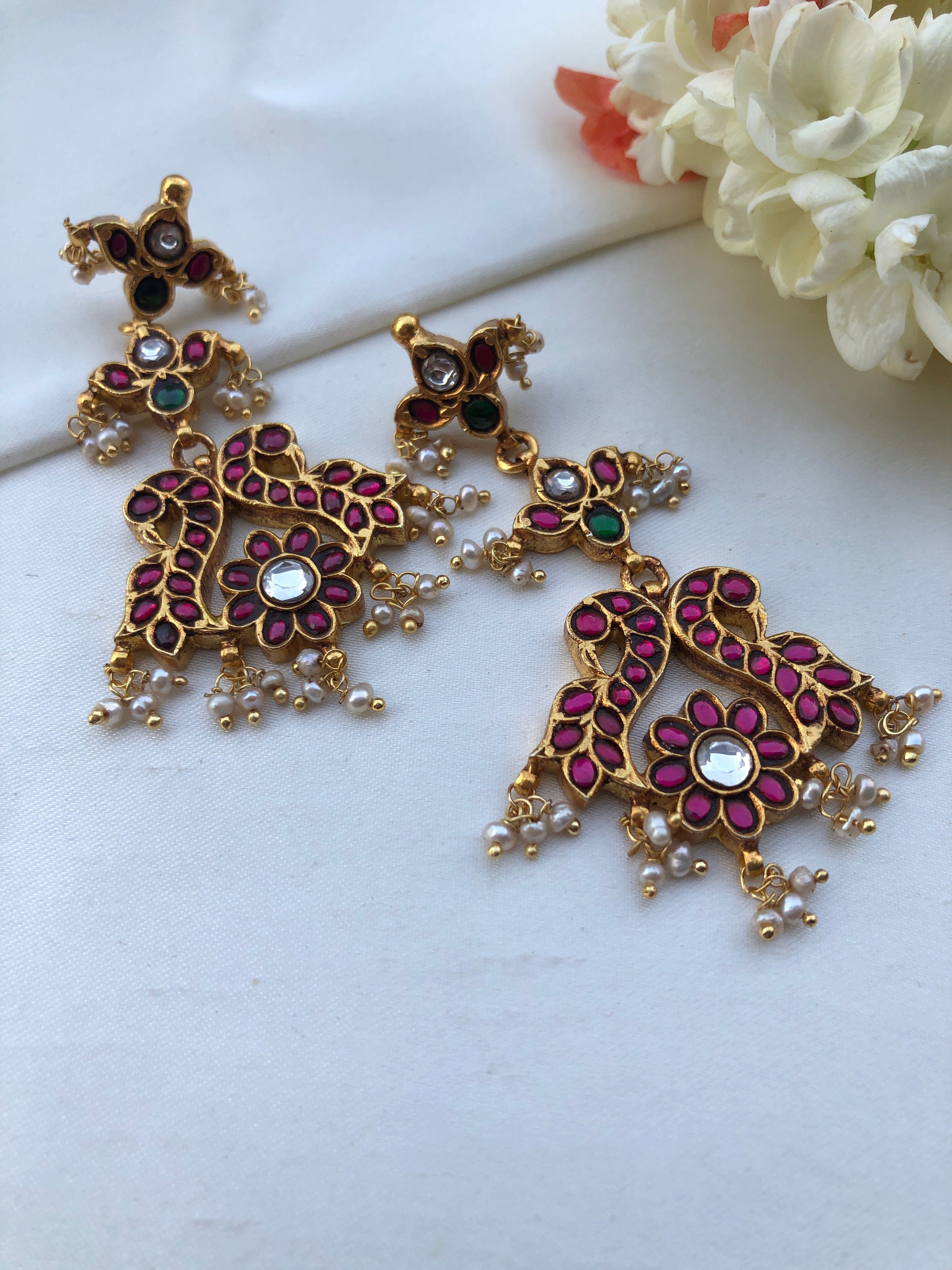Kundan ruby & green long earrings-Earrings-PL-House of Taamara