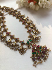 Kundan ruby & green maata patti vintage style necklace with pearls bunch-Silver Neckpiece-PL-House of Taamara