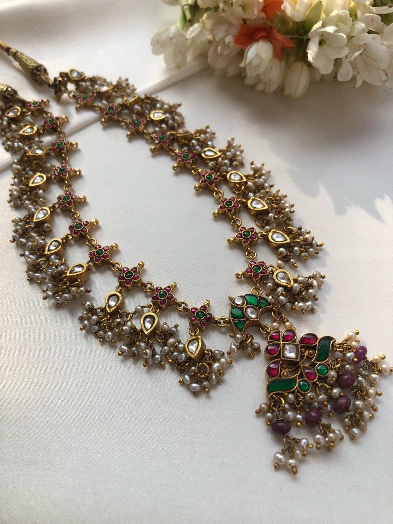 Kundan ruby & green maata patti vintage style necklace with pearls bunch-Silver Neckpiece-PL-House of Taamara