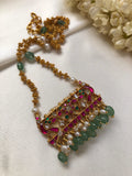 Kundan ruby & green peacock pendant, gold polish chain with green beads & pearls-Silver Neckpiece-PL-House of Taamara