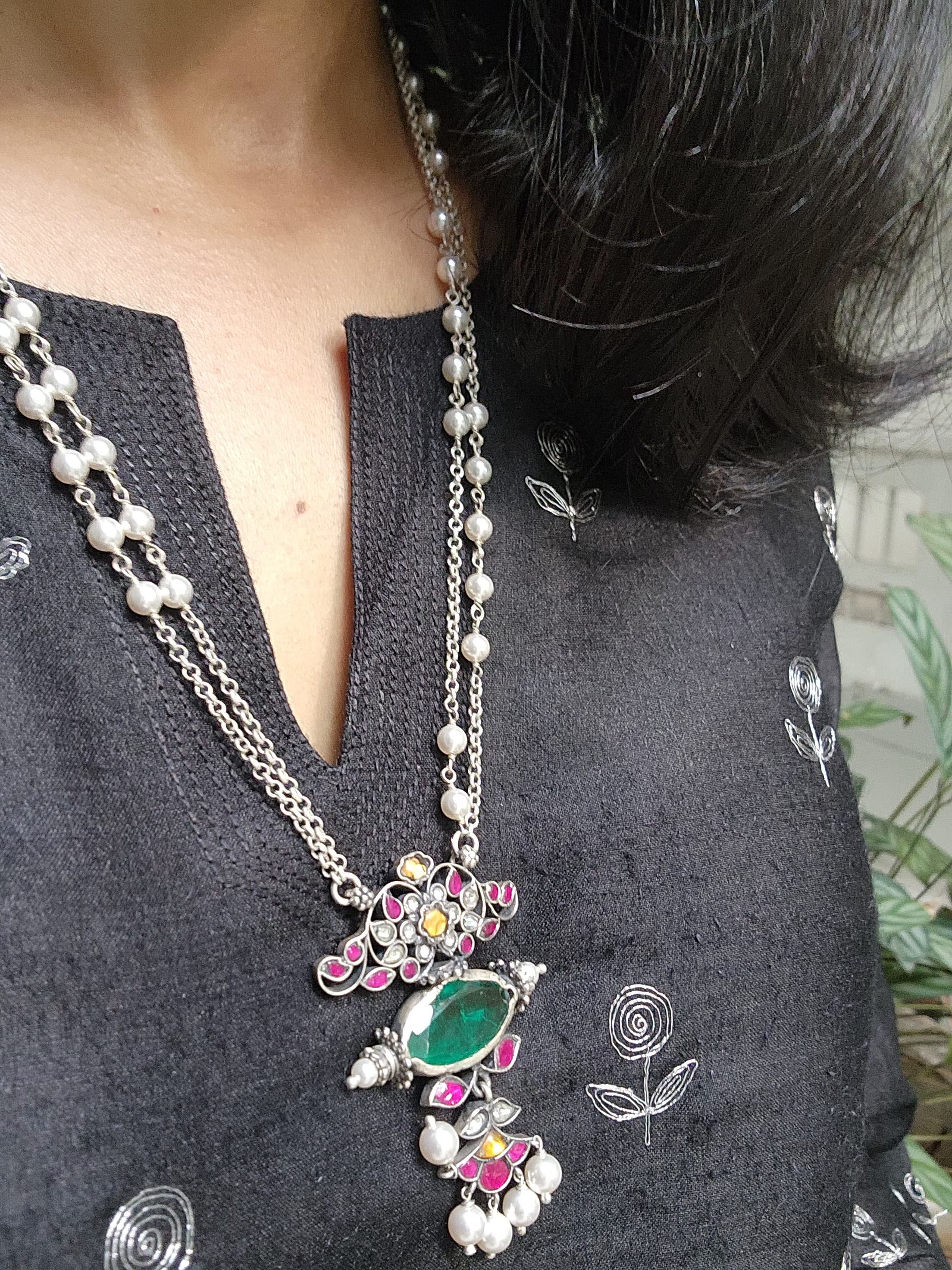 Kundan ruby & green stone oval pendant with pearls chain-Silver Neckpiece-PL-House of Taamara