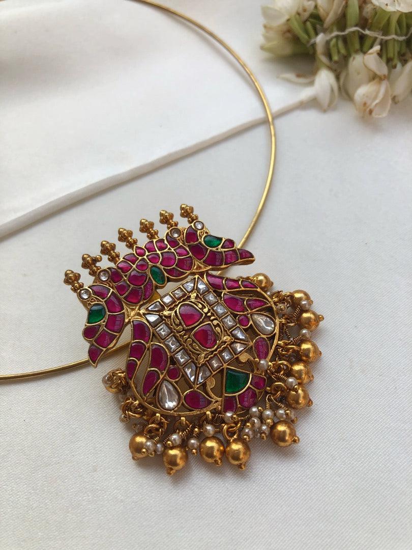 Kundan ruby & green stone pendant with Hasli-Silver Neckpiece-PL-House of Taamara