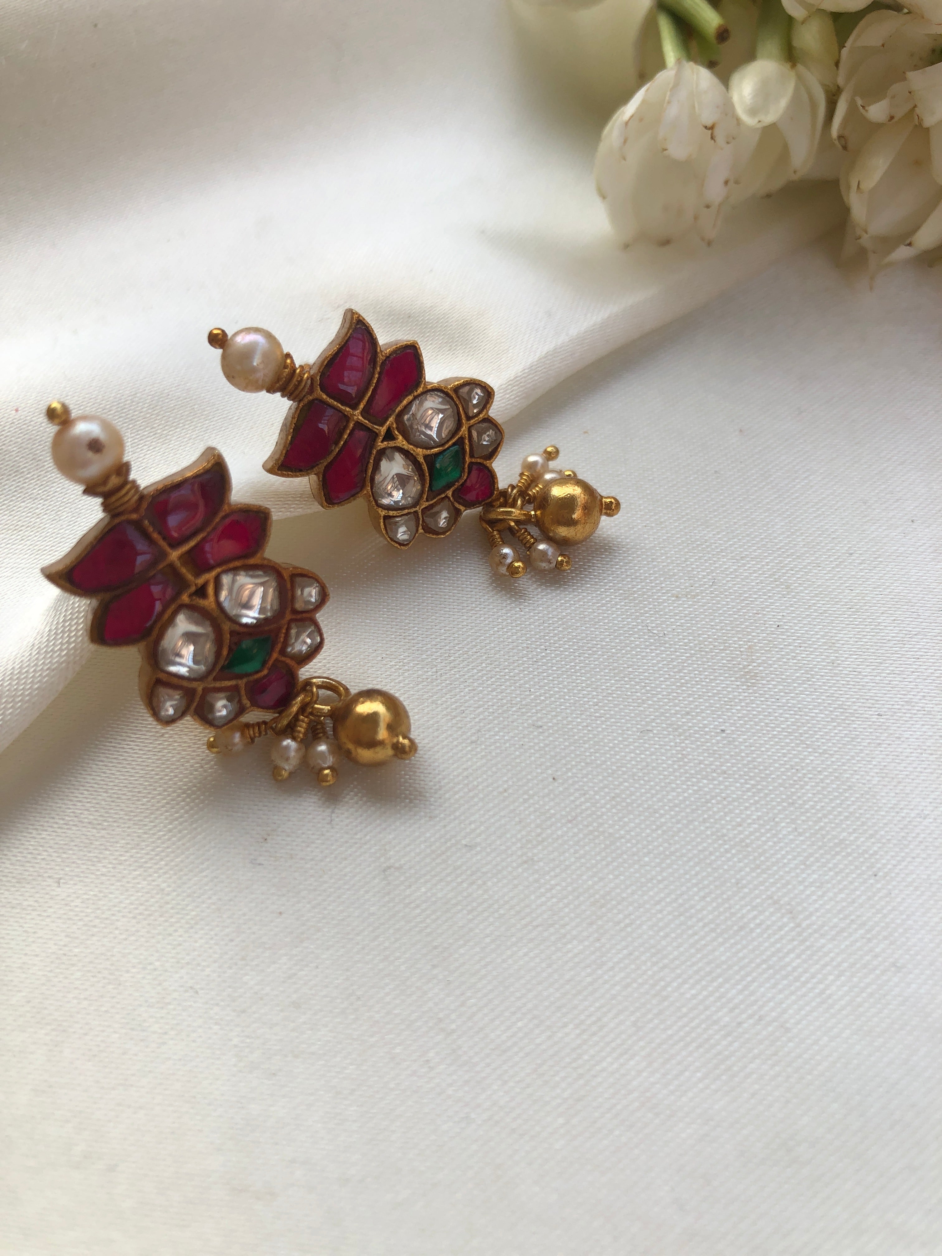 Kundan ruby & green studs with pearls-Earrings-PL-House of Taamara