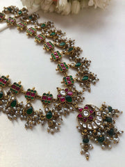 Kundan ruby & green vintage style maata patti necklace-Silver Neckpiece-PL-House of Taamara