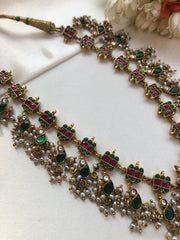 Kundan ruby & green vintage style maata patti necklace-Silver Neckpiece-PL-House of Taamara