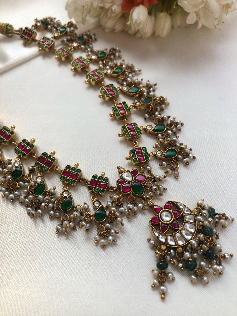 Kundan ruby & green vintage style maata patti necklace-Silver Neckpiece-PL-House of Taamara