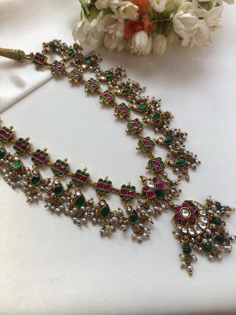 Kundan ruby & green vintage style maata patti necklace-Silver Neckpiece-PL-House of Taamara